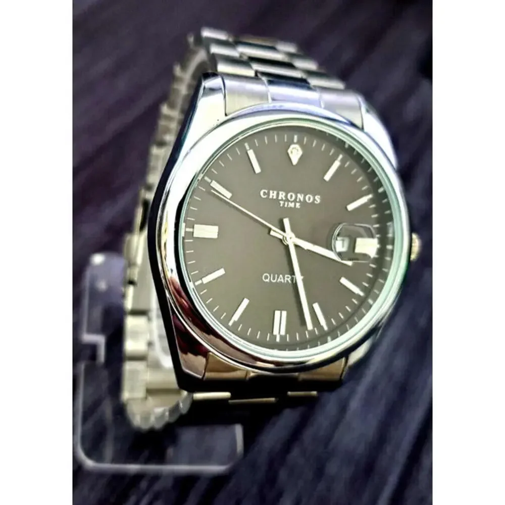 Vintage Chronos Men's Date Watch Black‎ Enamel Diamond Dial